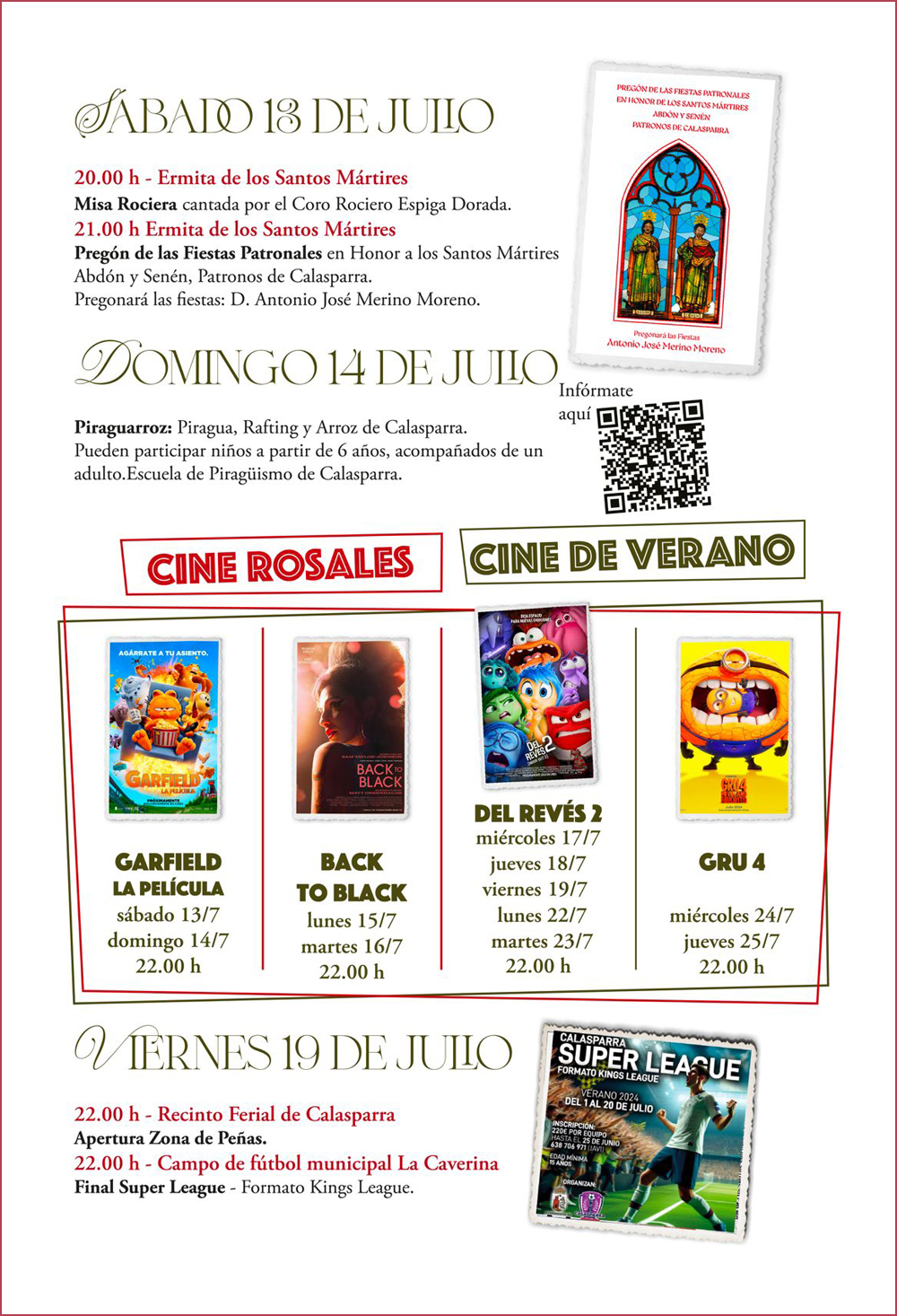Los Santos Calasparra, sábado 13, domingo 14 y viernes 19 de julio de 2024