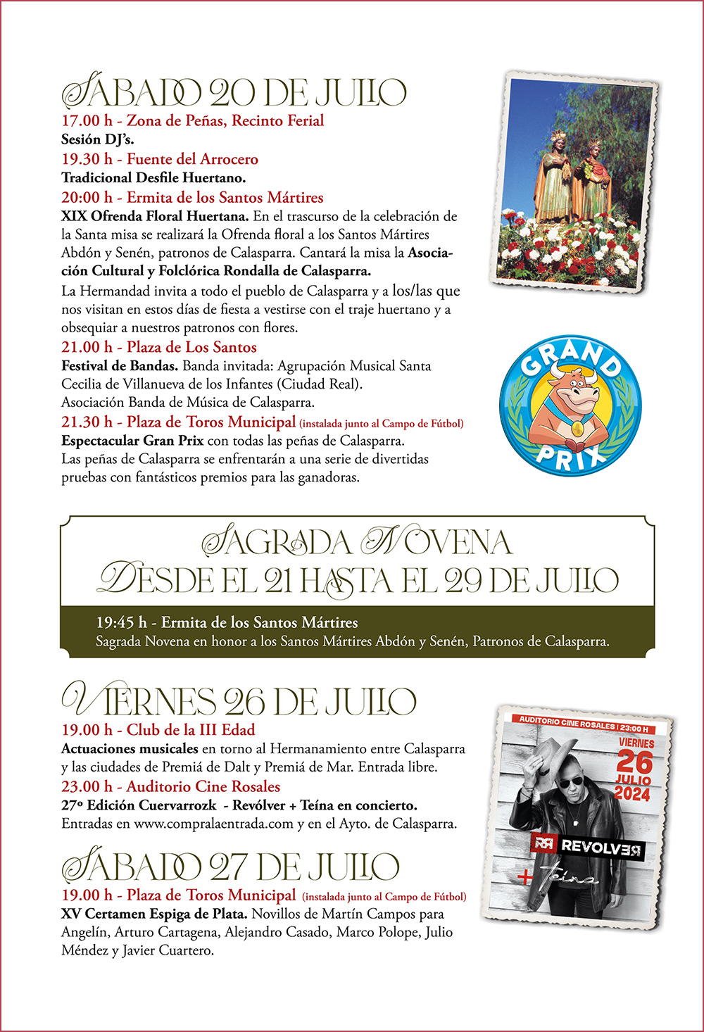 Los Santos Calasparra sábado 20, viernes 26, y sábado 27 de julio de 2024